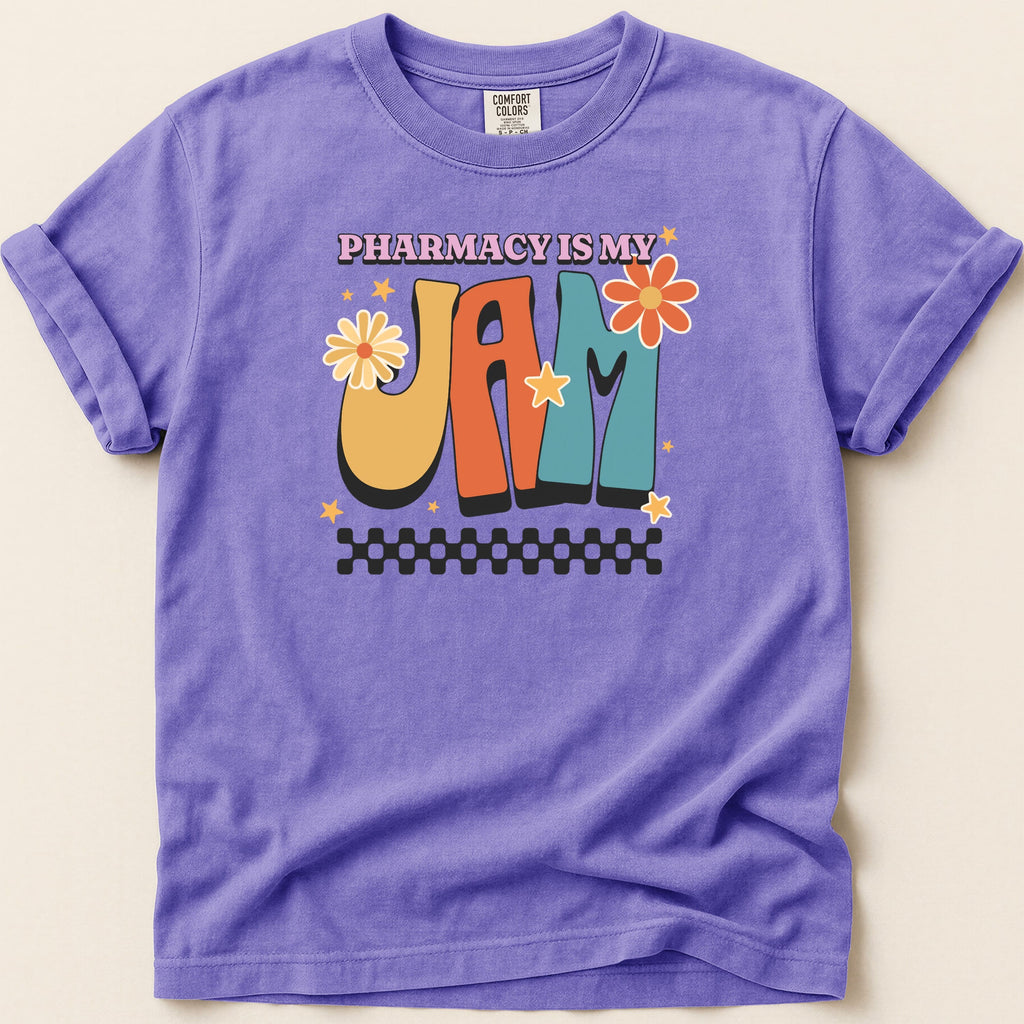 Purple t-shirt with "Pharmacy is My Jam" in retro, colorful lettering.