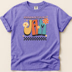 Purple t-shirt with "Pharmacy is My Jam" in retro, colorful lettering.