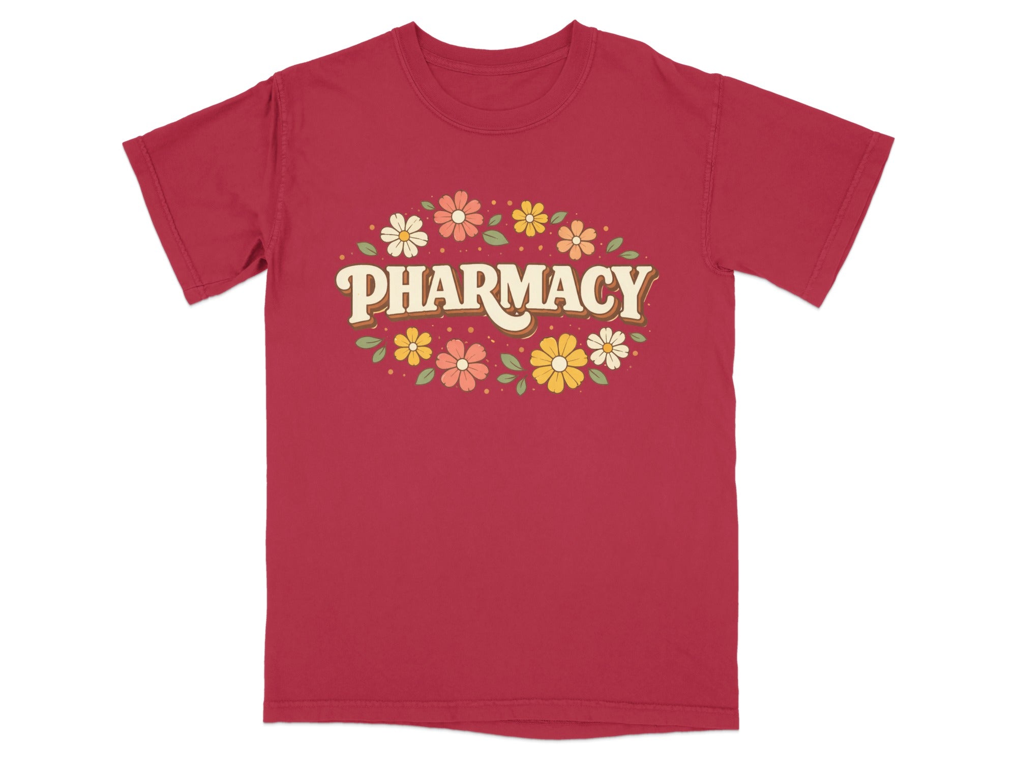 Red t-shirt with "Pharmacy" in groovy font surrounded by floral illustrations.