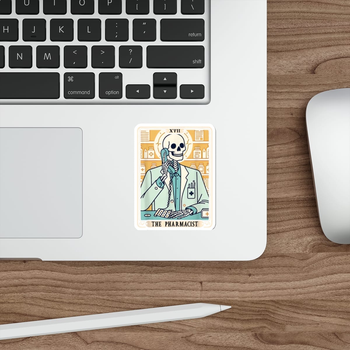Skeleton pharmacist in medical coat holding a phone, with "The Pharmacist" text.