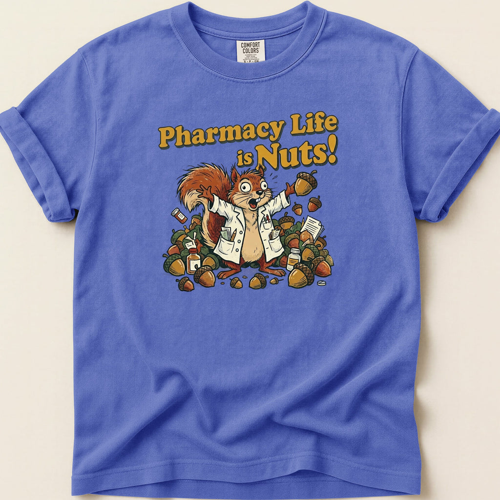 Squirrel in lab coat holding acorns with text "Pharmacy Life is Nuts!".