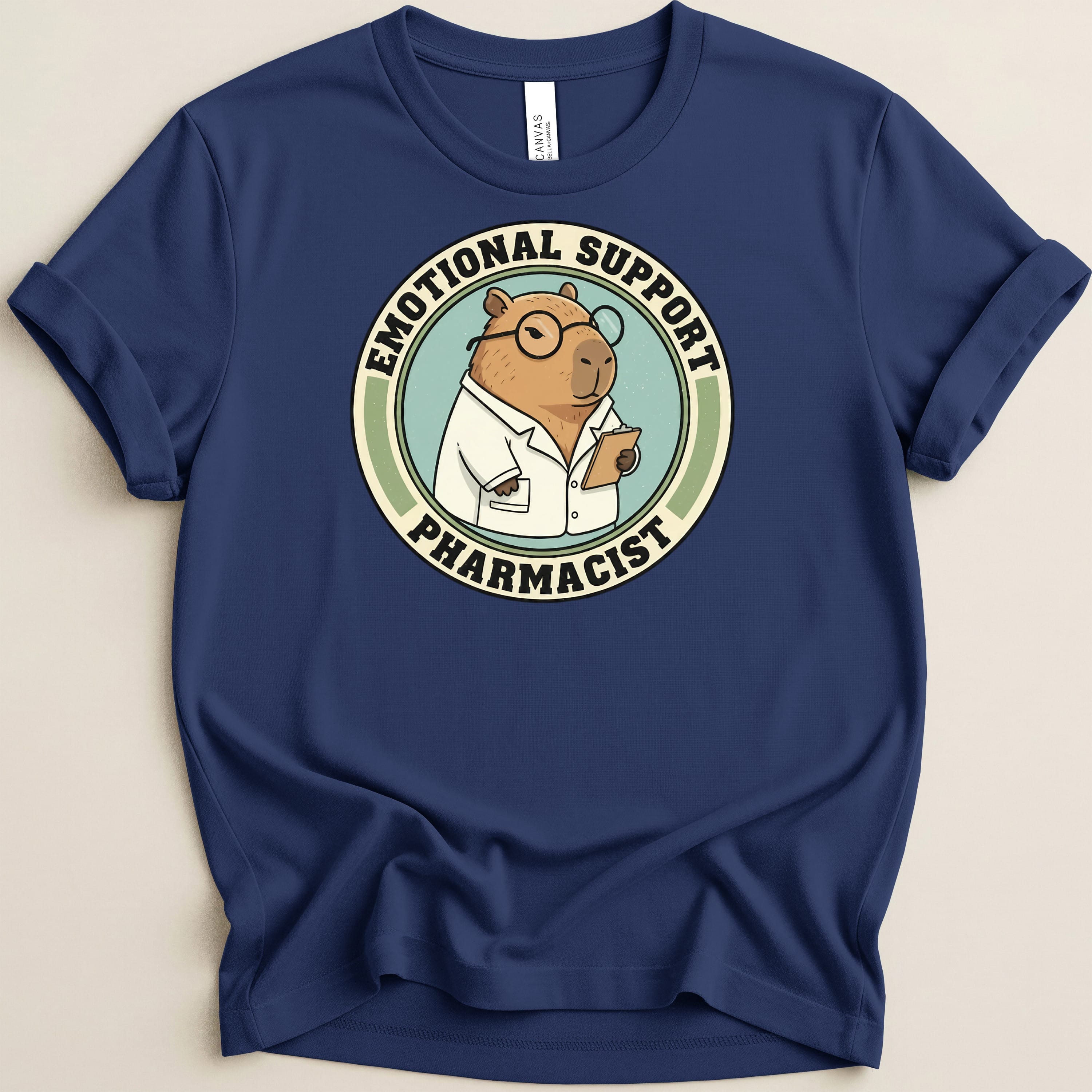 Capybara in lab coat with glasses holding clipboard, "Emotional Support Pharmacist."