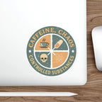 Circular sticker with "Caffeine, Chaos, Controlled Substances" text and icons.