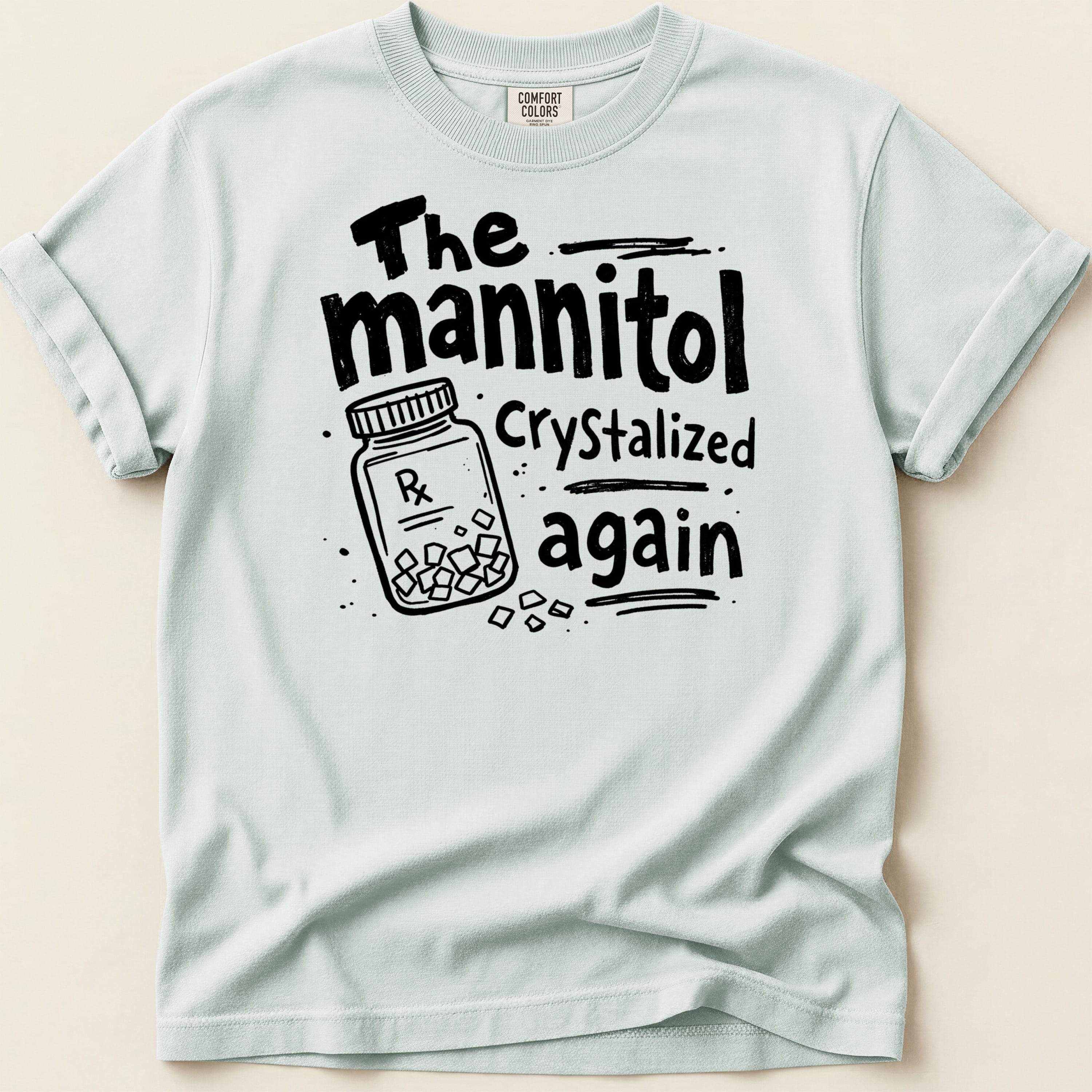 Light blue t-shirt with black graphic saying "The mannitol Crystallized again" and a Rx pill bottle.