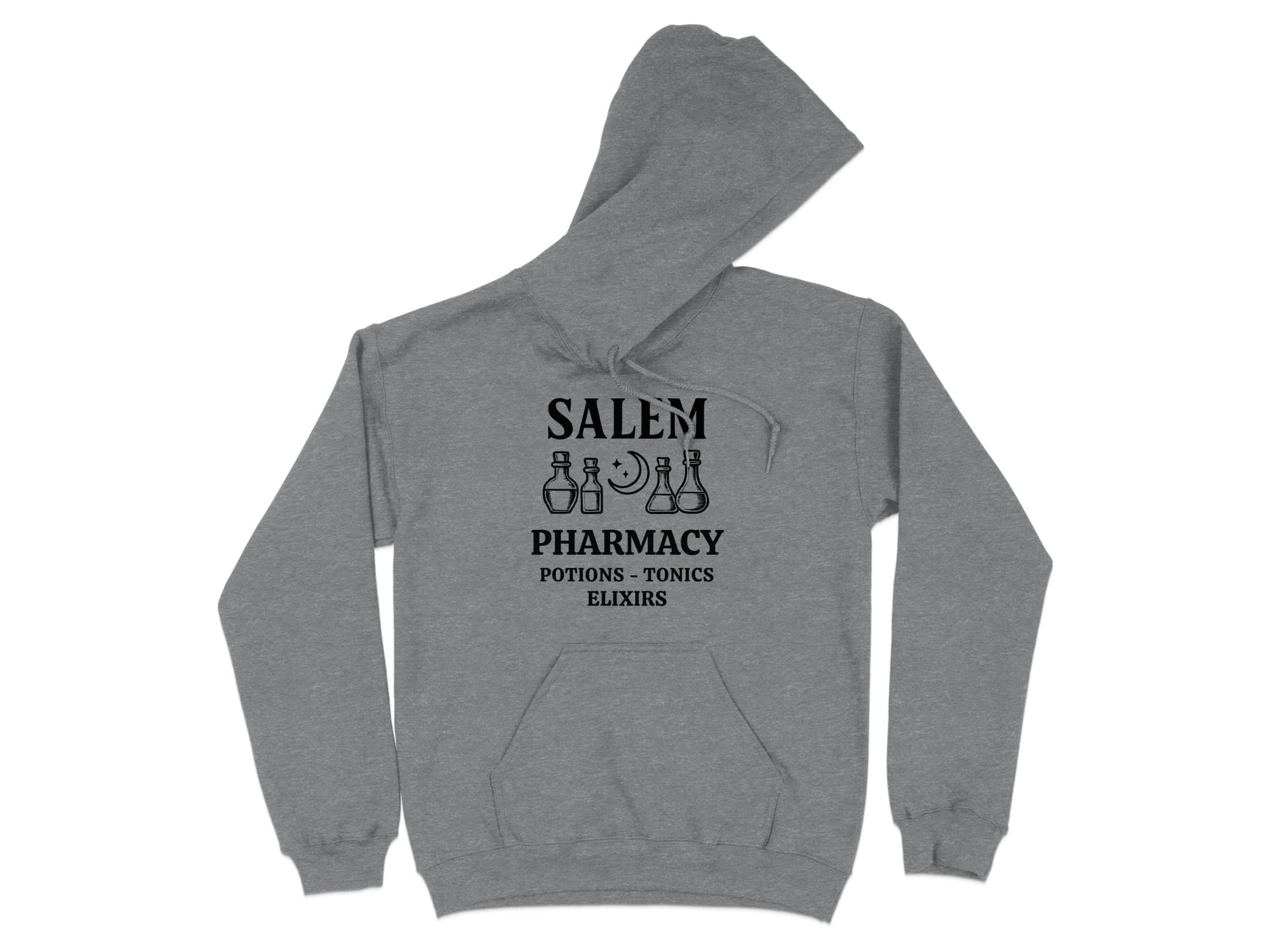 Grey hoodie with Salem Pharmacy logo: potions and elixirs.