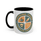 Mug with "CAFFEINE, CHAOS, CONTROLLED SUBSTANCES" and icons of coffee, skull, pill, atom.
