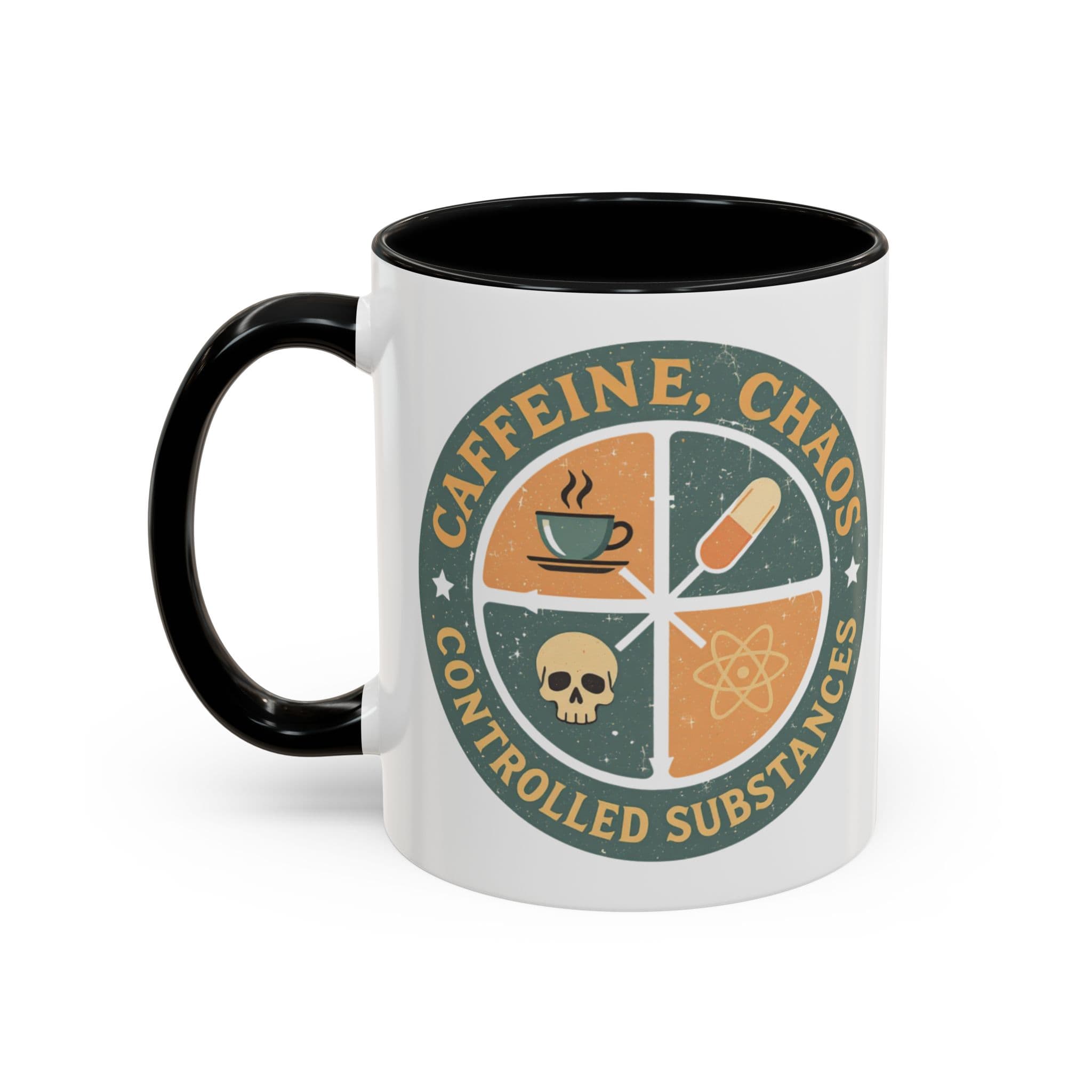Mug with "CAFFEINE, CHAOS, CONTROLLED SUBSTANCES" and icons of coffee, skull, pill, atom.