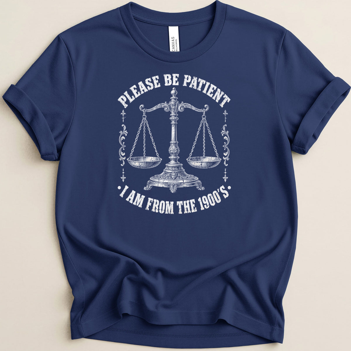 Navy t-shirt with white text and scales of justice graphic.