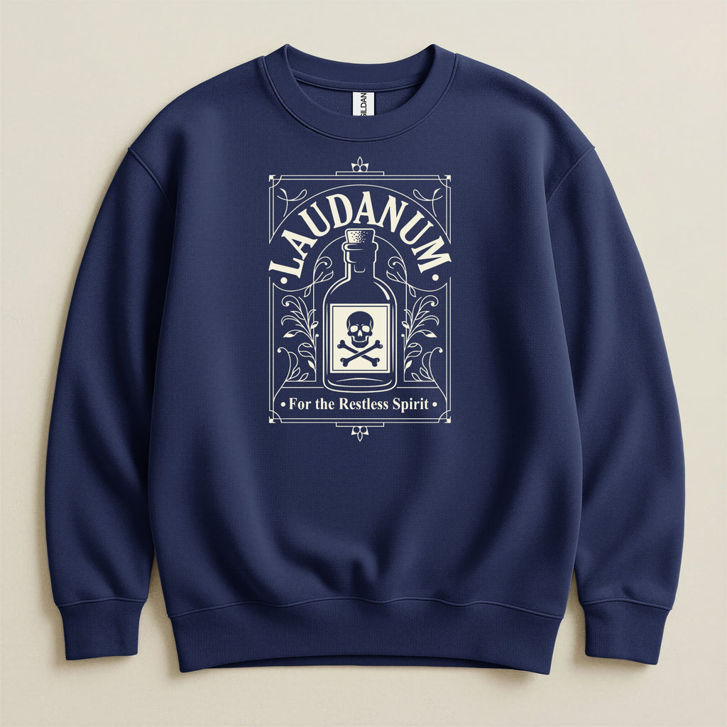 Navy sweatshirt with "Laudanum, For the Restless Spirit" skull and crossbones graphic.