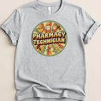 Pharmacy Technician graphic with mortar and pestle, pills, and capsules.