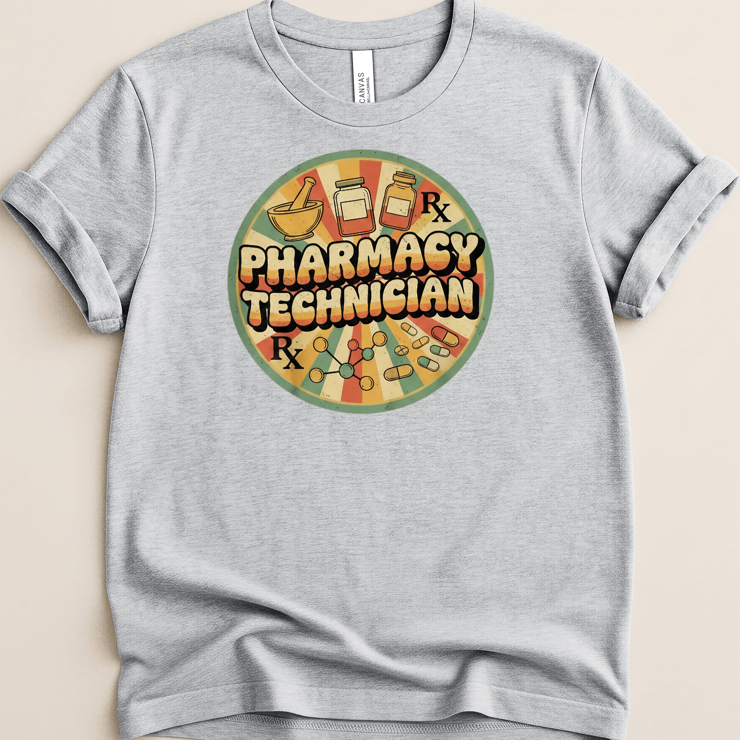 Pharmacy Technician graphic with mortar and pestle, pills, and capsules.