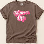 Brown t-shirt with pink text reading "Pharm Life"
