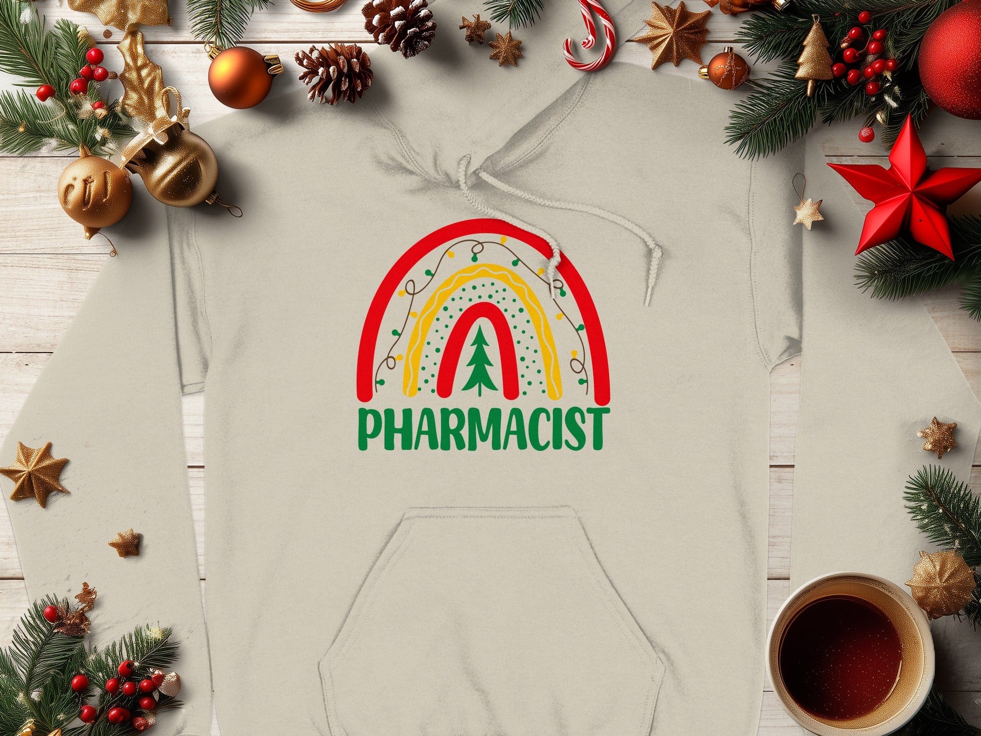 Festive Pharmacist Hoodie with Holiday Rainbow Design