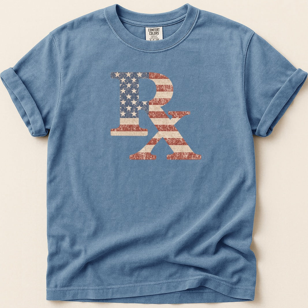 Distressed American flag RX symbol on a blue t-shirt.