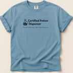 T-shirt with "Certified Potion Dispenser" and "Results May Vary" text.