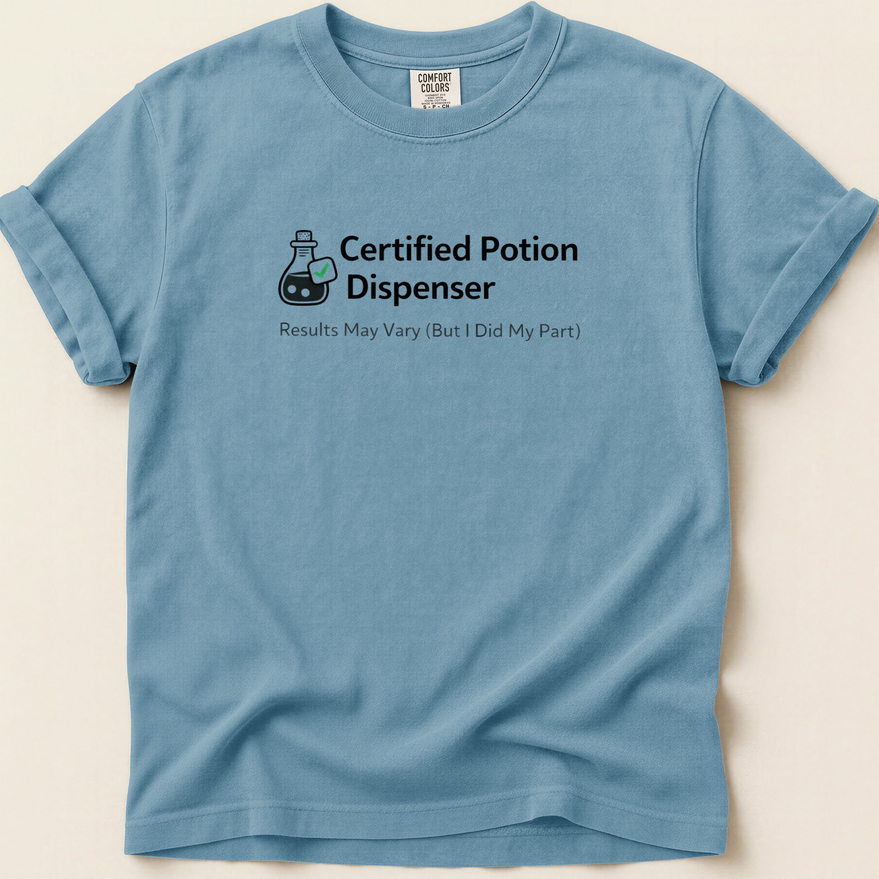 T-shirt with "Certified Potion Dispenser" and "Results May Vary" text.
