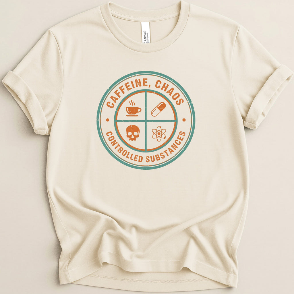 Cream t-shirt with circular graphic featuring text and icons.