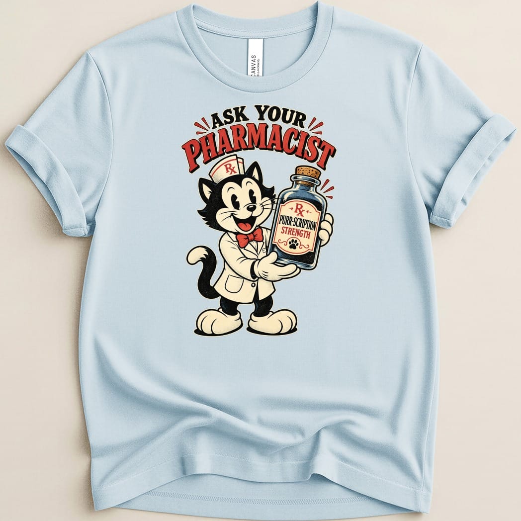 Cartoon cat pharmacist with bottle labeled "Purr-Scription Strength".