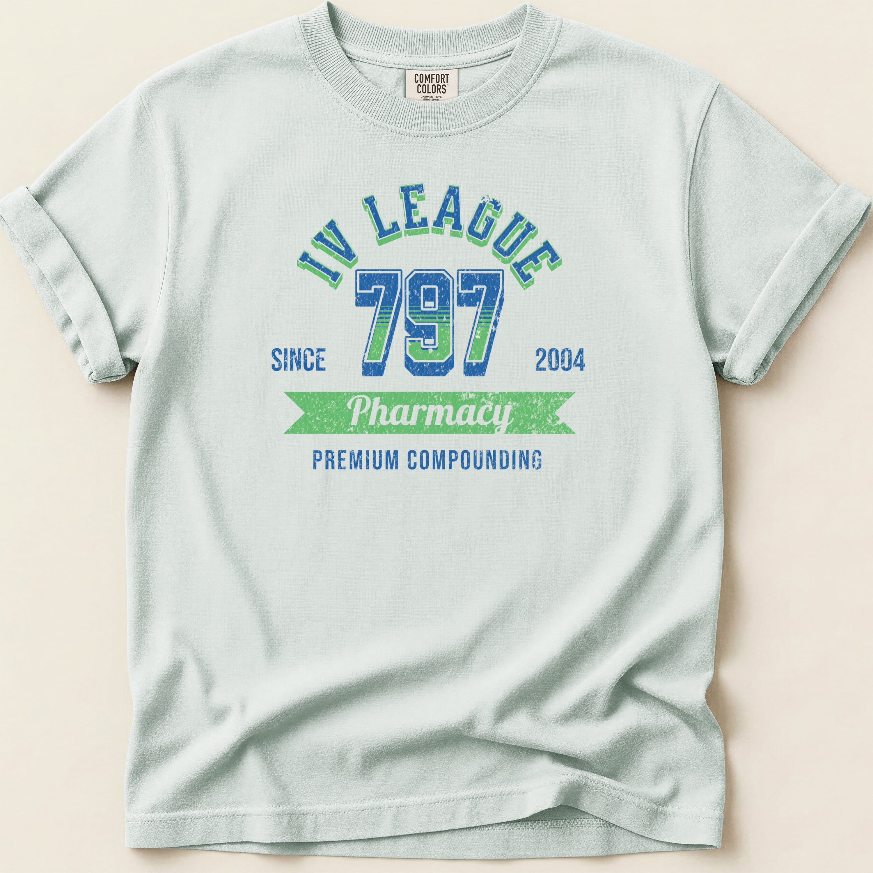 "IV League Pharmacy premium compounding since 1997" t-shirt.