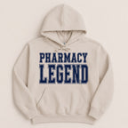 Cream hoodie with navy blue "Pharmacy Legend" text.