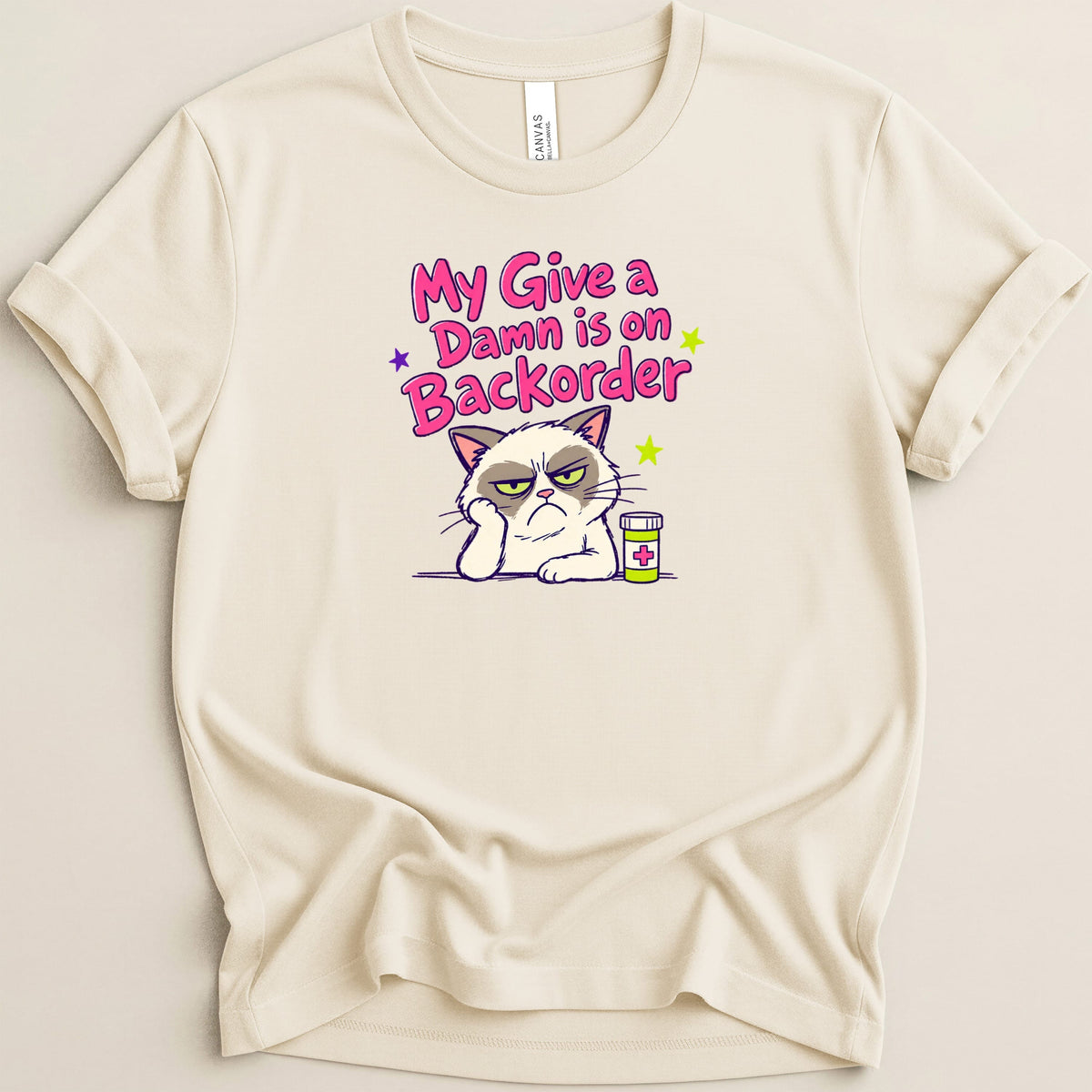 Cream t-shirt with grumpy cat and "My Give a Damn is on Backorder" text.