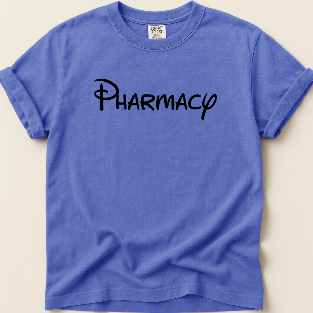 Purple Comfort Colors t-shirt with "PHARMACY" in black script text.