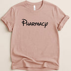 Pink t-shirt with "Pharmacy" in Disney-style font.