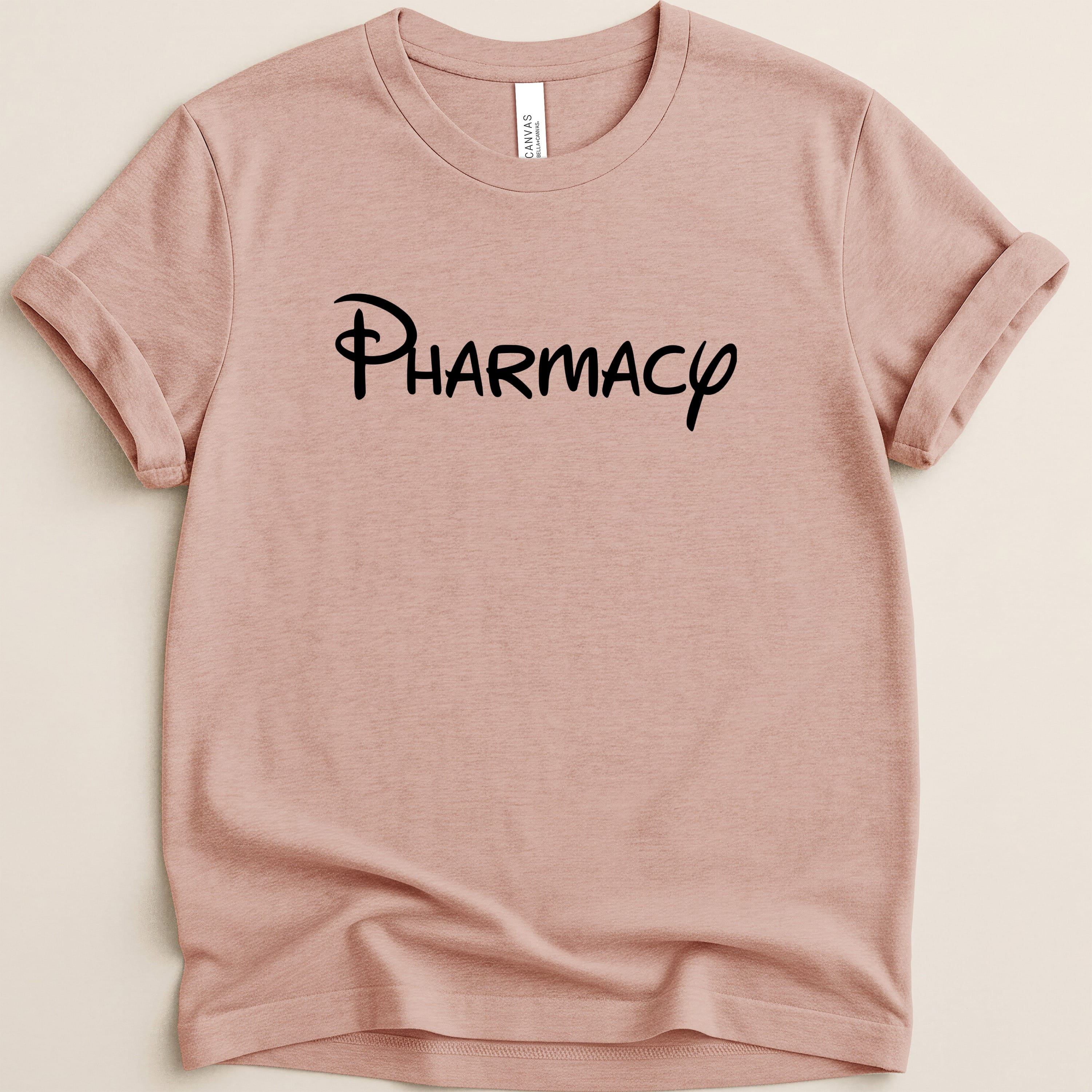 Pink t-shirt with "Pharmacy" in Disney-style font.