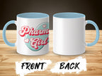 White mug with "Pharm Girl" text on front, light blue interior.