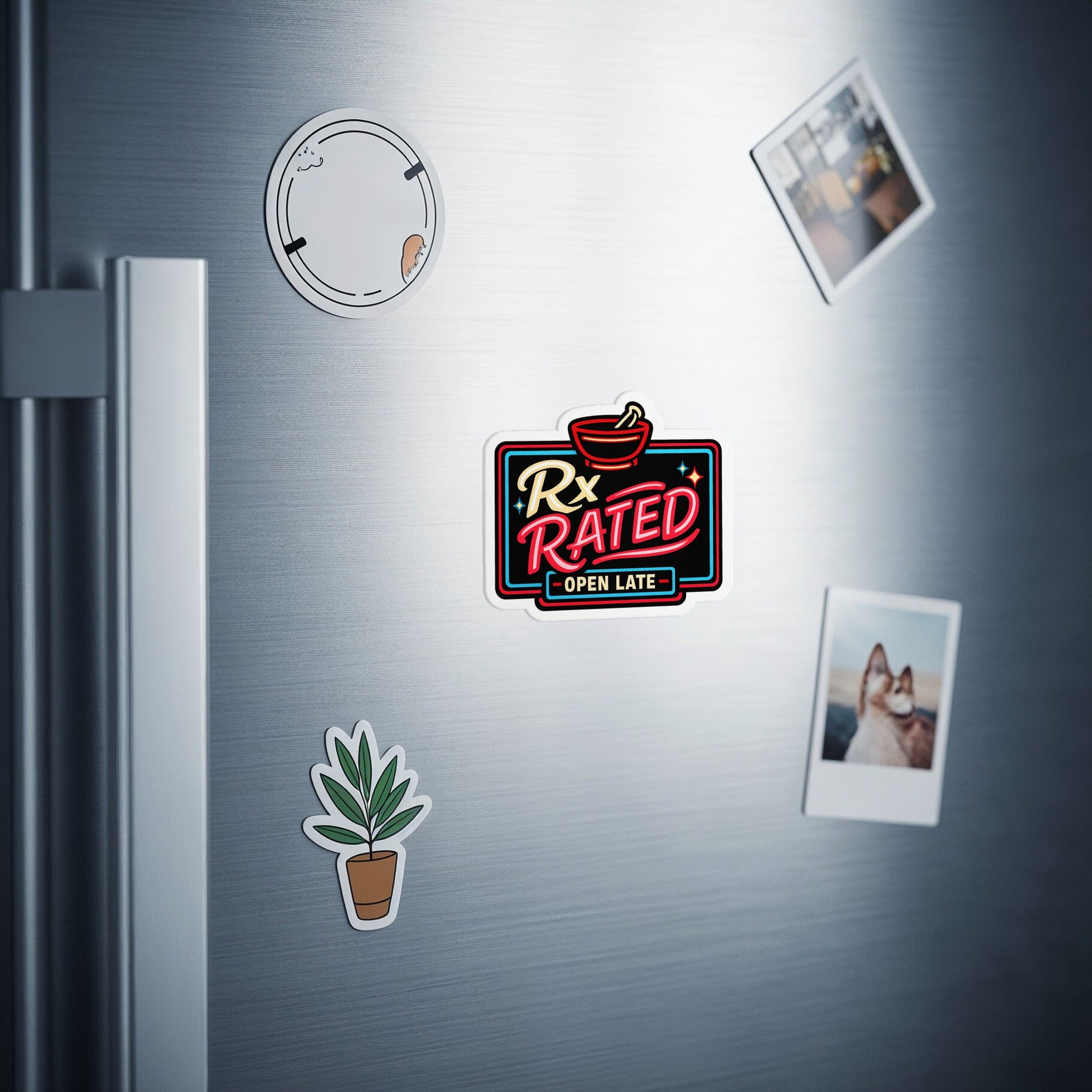 Neon sign sticker with "Rx Rated" and "Open Late" on a refrigerator.
