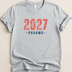 Grey t-shirt with "2027 - PHARMD -" in red and blue text.