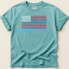 T-shirt with American flag design made from pills.
