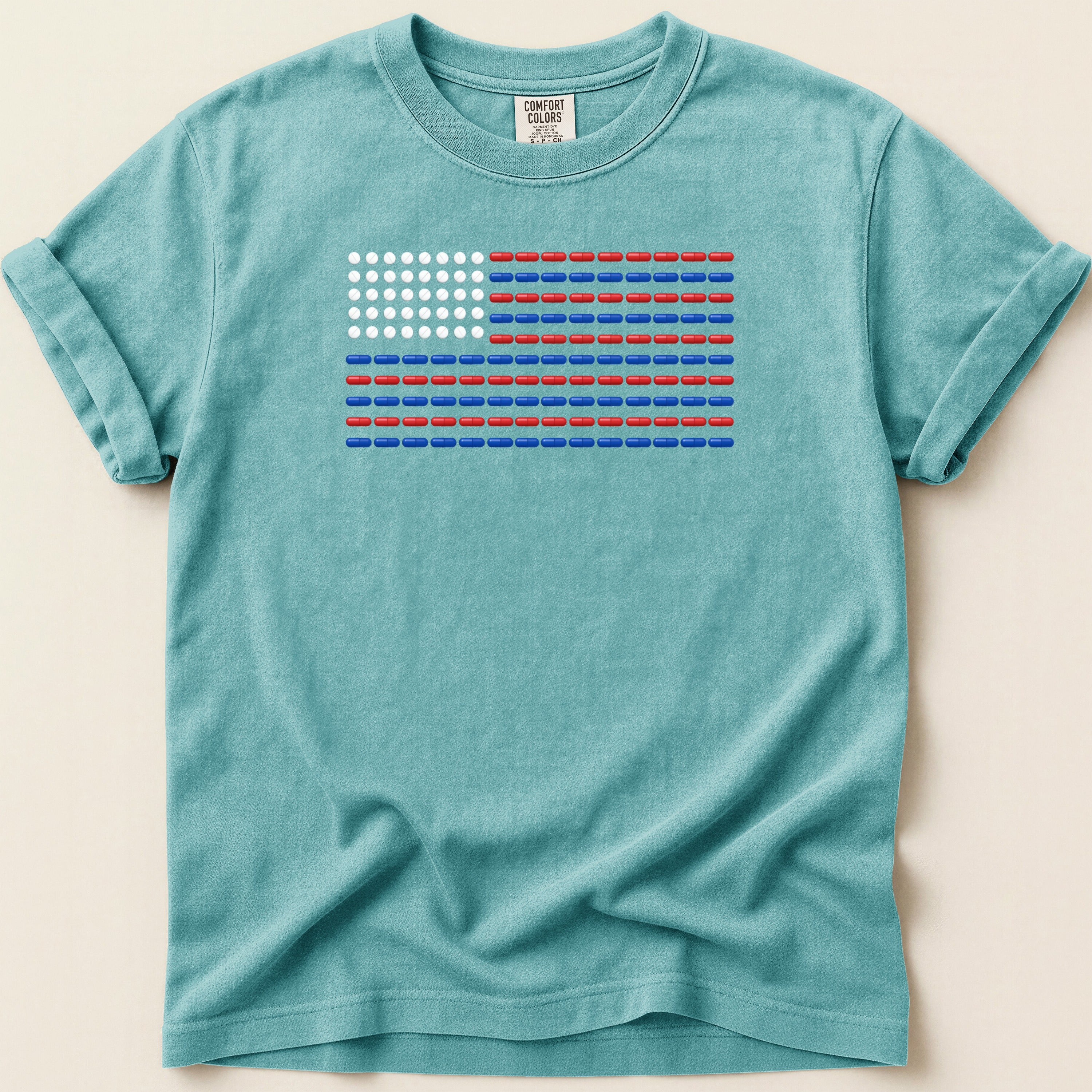 T-shirt with American flag design made from pills.