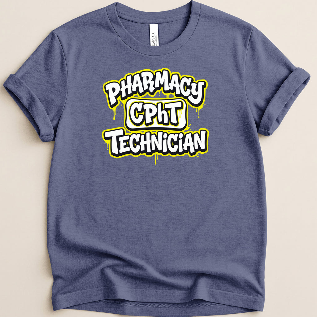 Blue t-shirt with "PHARMACY CPHT TECHNICIAN" text in yellow graffiti style.