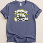 Blue t-shirt with "PHARMACY CPHT TECHNICIAN" text in yellow graffiti style.