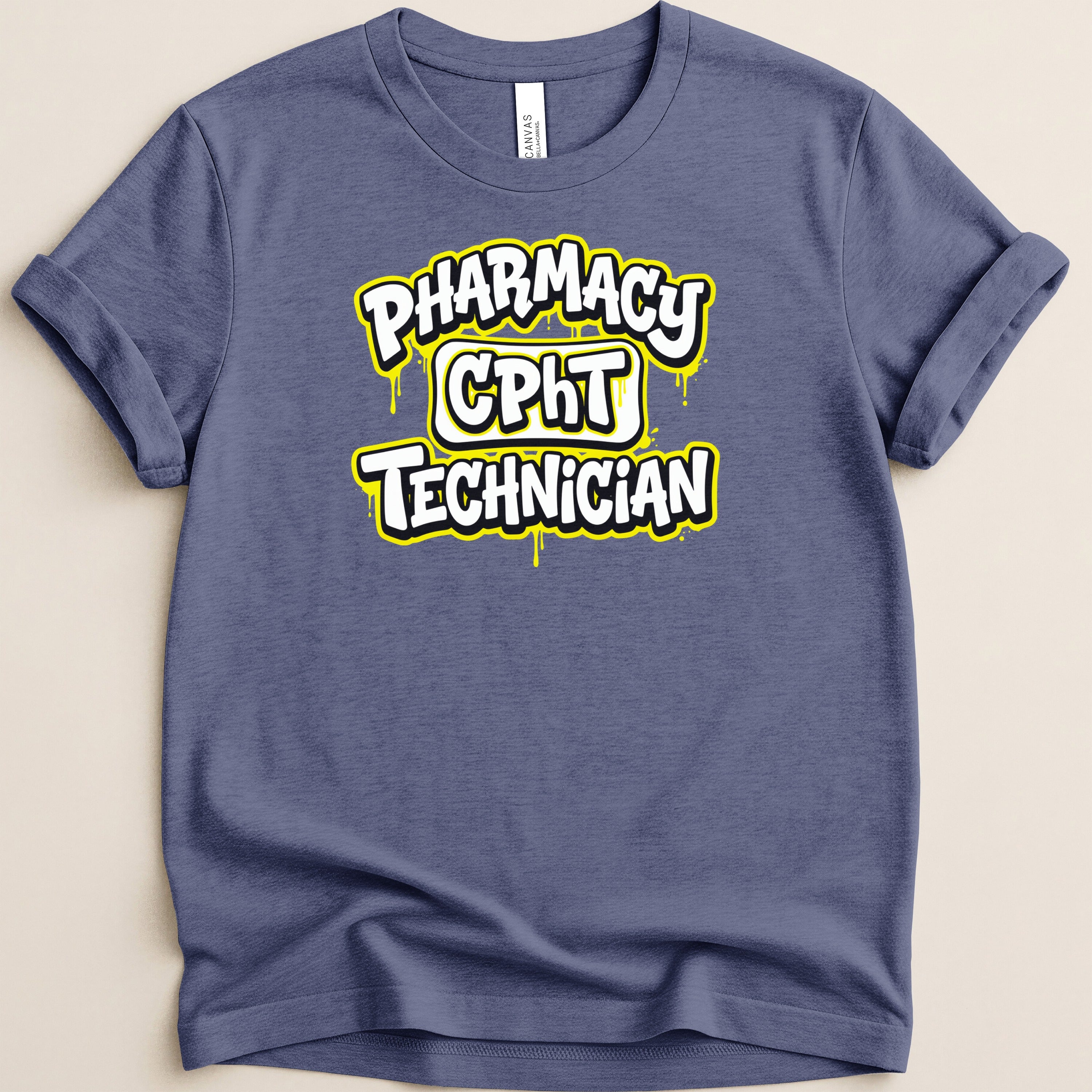 Blue t-shirt with "PHARMACY CPHT TECHNICIAN" text in yellow graffiti style.