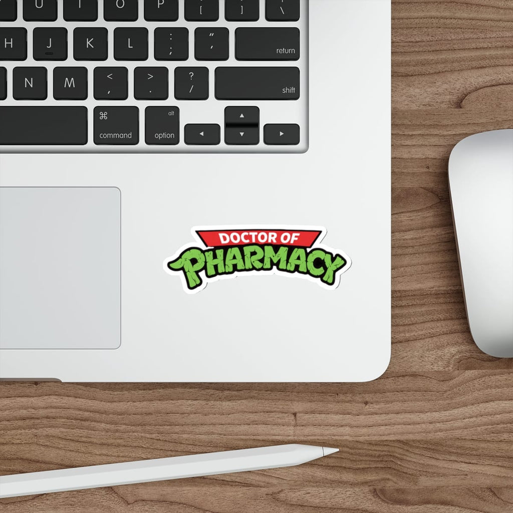 Sticker with "Doctor of Pharmacy" logo on a laptop keyboard.