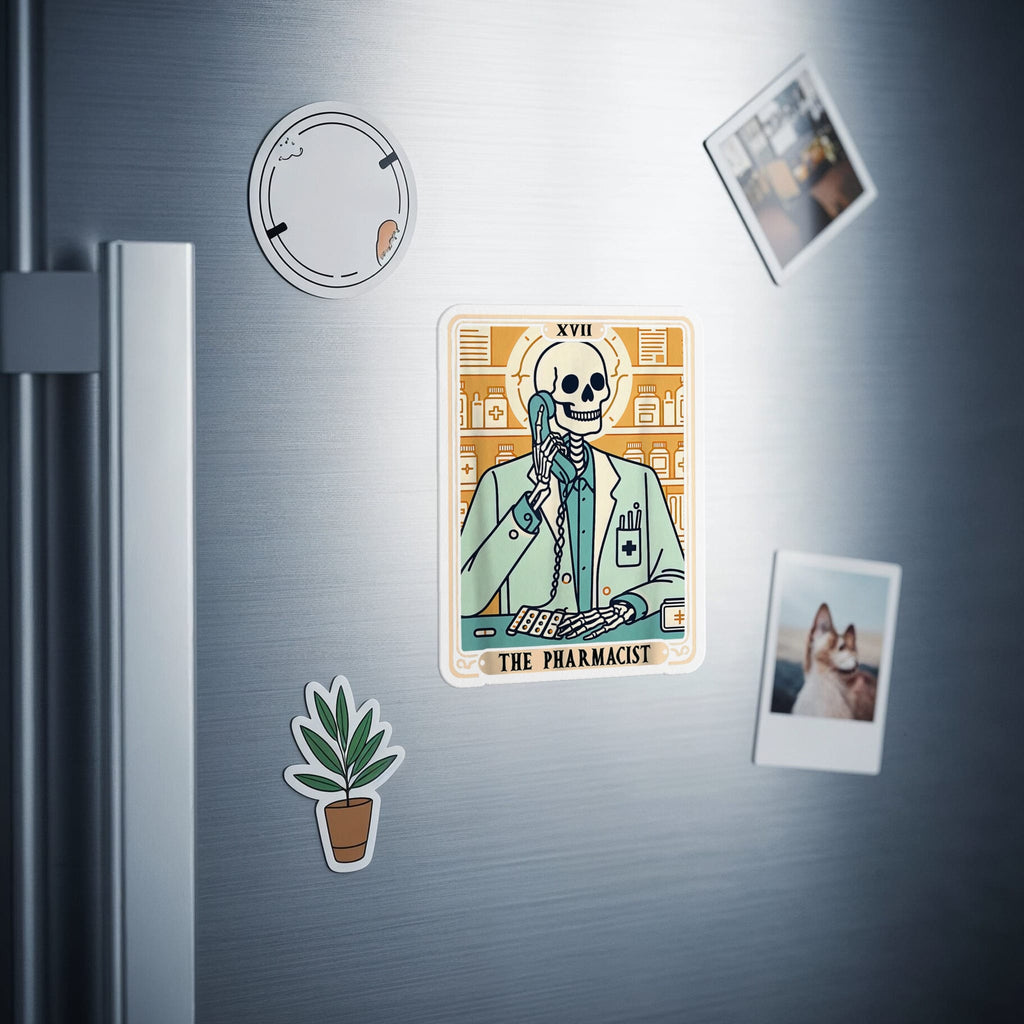 The Pharmacist tarot card sticker on a refrigerator door.