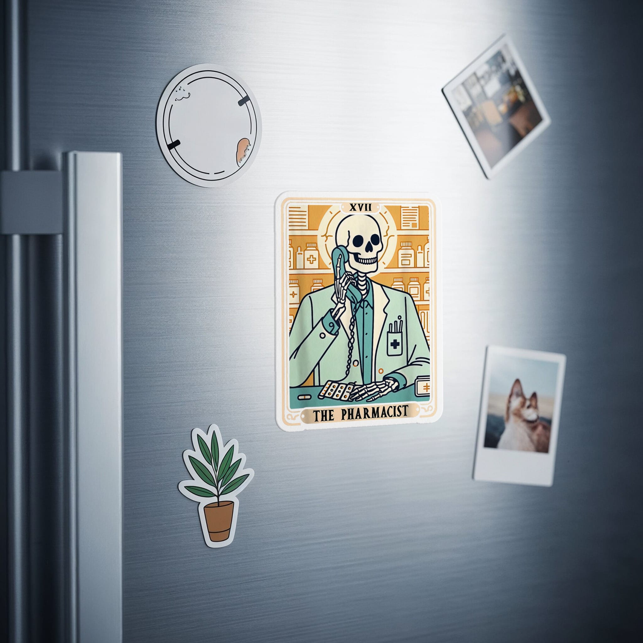 The Pharmacist tarot card sticker on a refrigerator door.