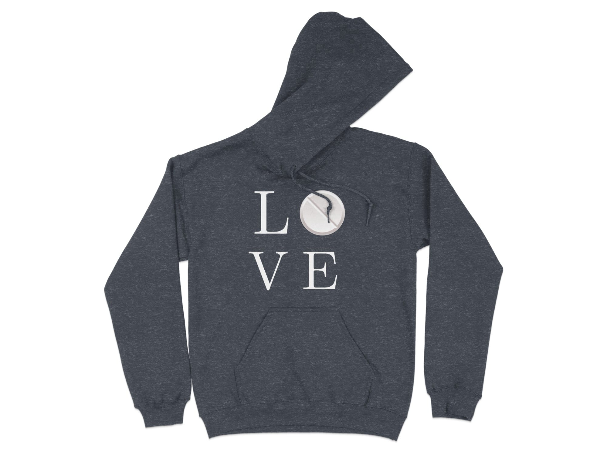 Dark grey hoodie with "LOVE" text and a white circle design.