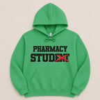 Green hoodie with "PHARMACY STUDENT" text, the "T" in student crossed out.