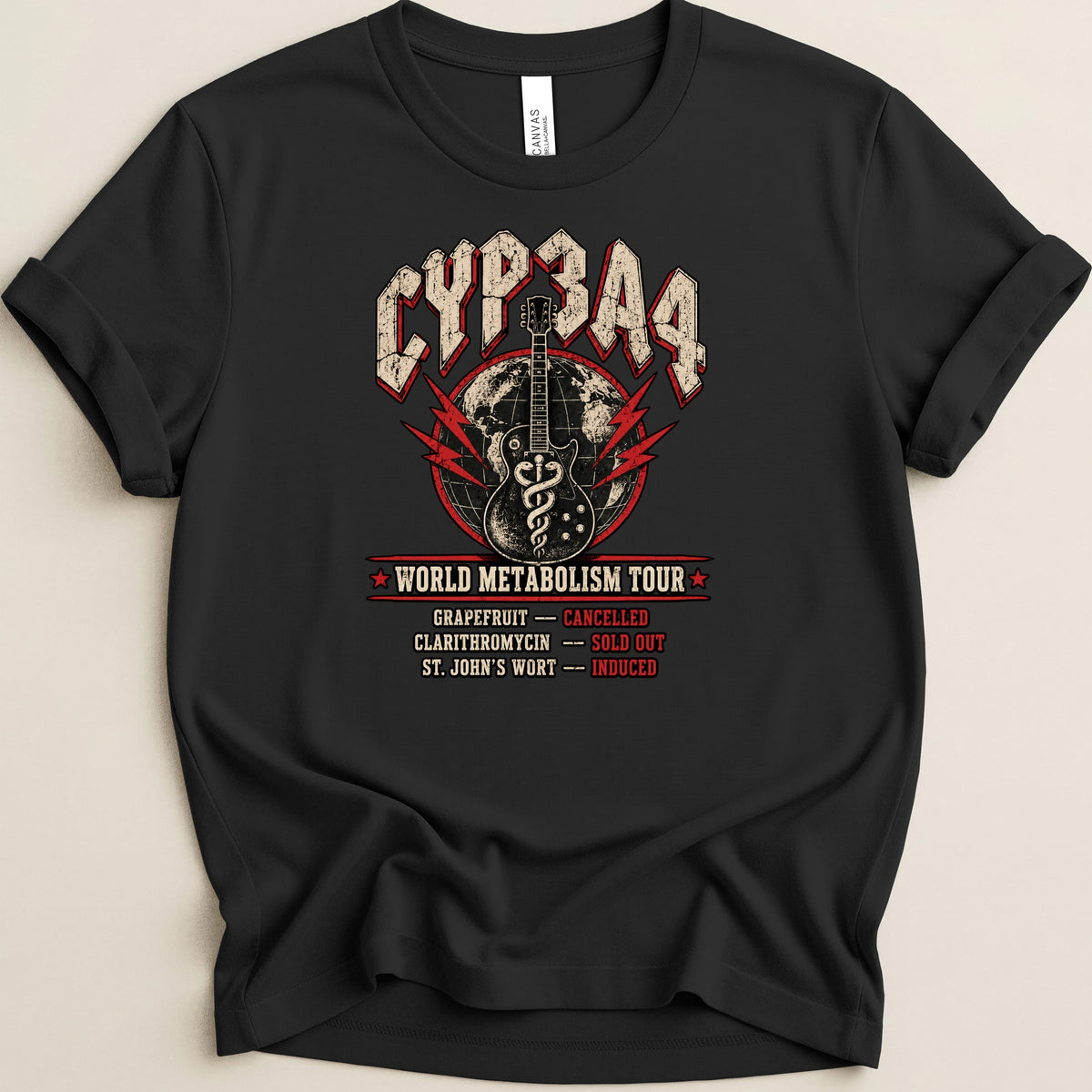 Black t-shirt with "CYP3A4 WORLD METABOLISM TOUR" text, guitar, and medical symbols.