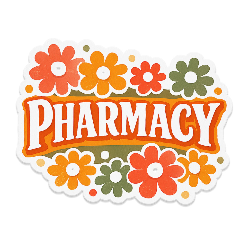 Pharmacy word art with colorful flowers.