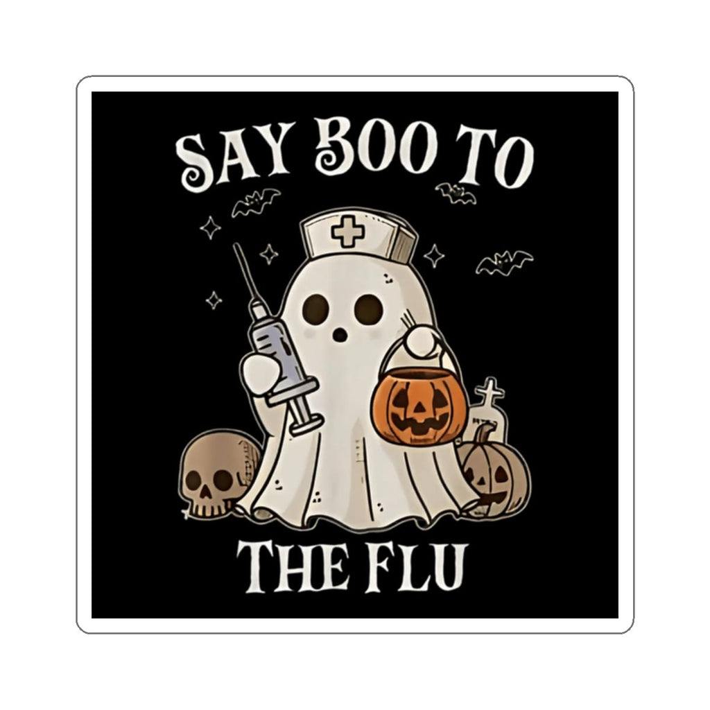 Ghost nurse holding syringe and pumpkin basket with skulls and bats, "Say Boo to the Flu".