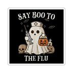 Ghost nurse holding syringe and pumpkin basket with skulls and bats, "Say Boo to the Flu".