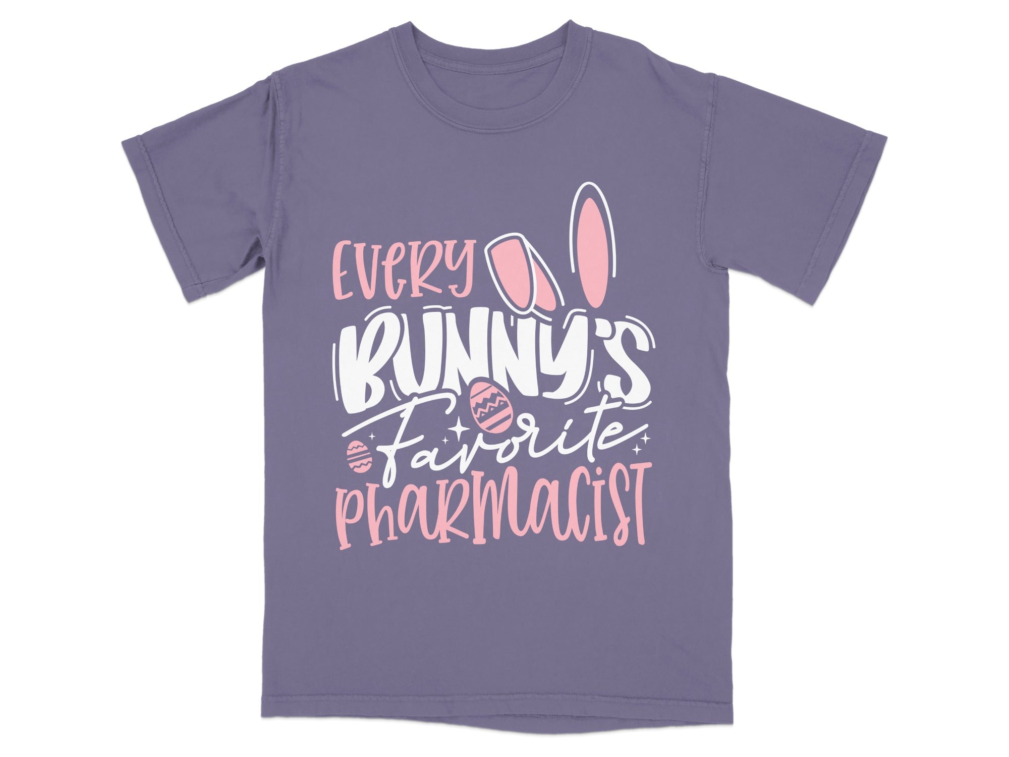 Purple t-shirt with "Every Bunny's Favorite Pharmacist" text and Easter graphics.