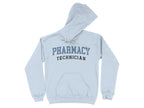 Light blue hoodie with "PHARMACY TECHNICIAN" text across the chest.