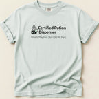 Light blue t-shirt with "Certified Potion Dispenser" and a beaker.
