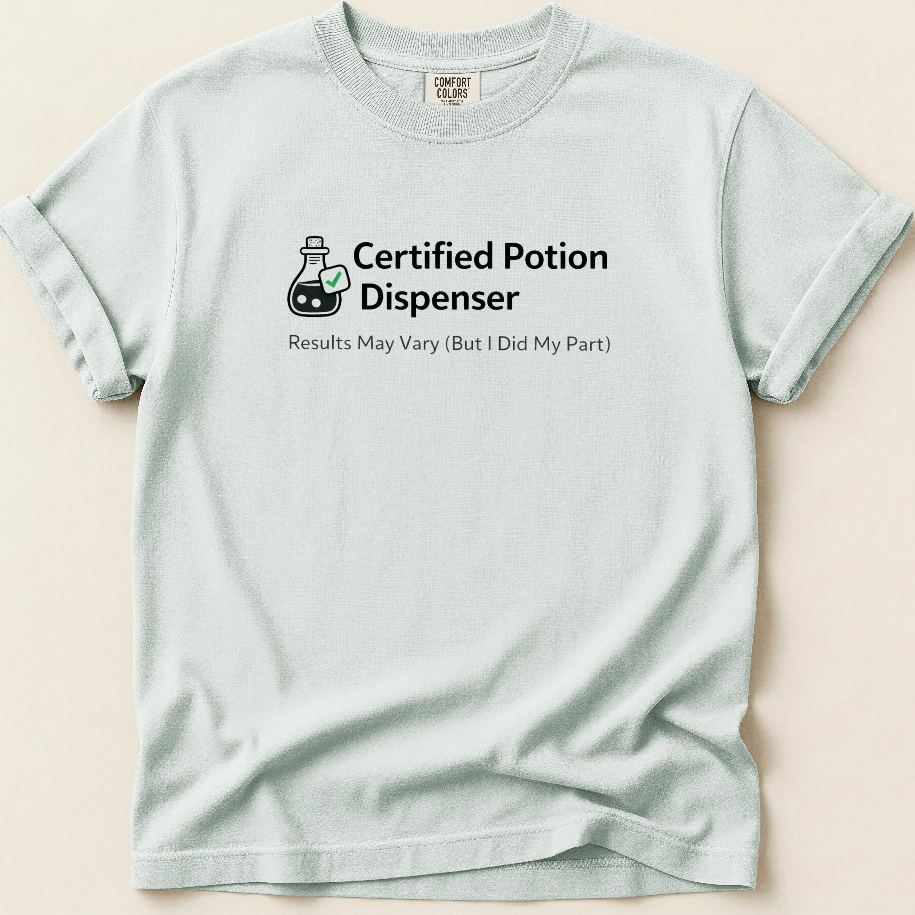 Light blue t-shirt with "Certified Potion Dispenser" and a beaker.