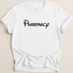 White t-shirt with "Pharmacy" in Disney-style font.
